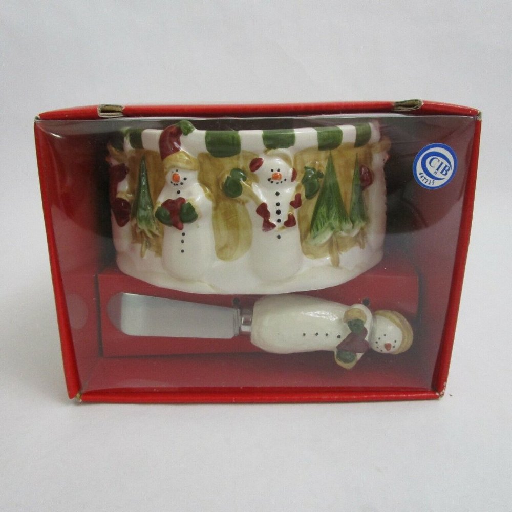 Kohl's Sonoma Christmas Snowman Ceramic Dip Mix 2 Piece Set Bowl & Spreader NIB